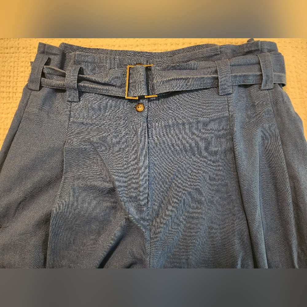 Eudon Choi Women's Linen Cotton Royal Blue Wide Leg Pants With Buckle Sz 16